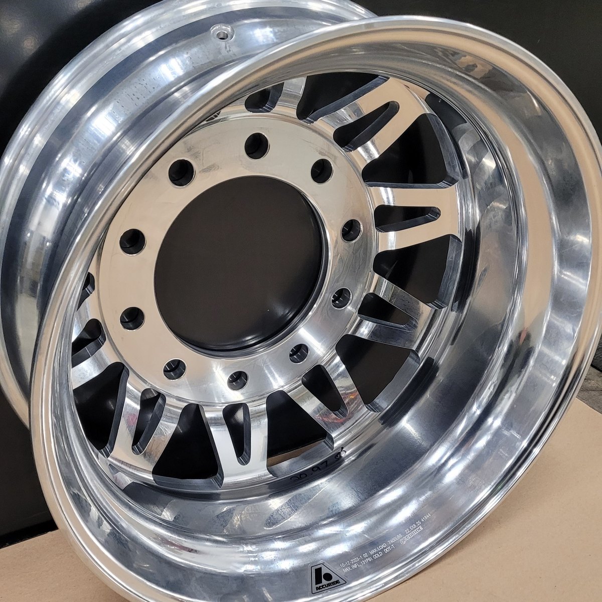 Finished custom-milled dually wheel, polished
